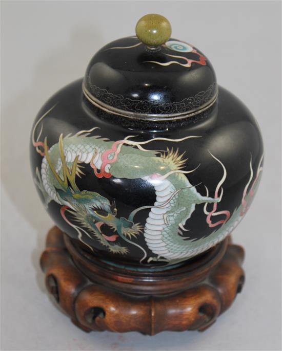 A Japanese silver wire cloisonne enamel dragon jar and cover, Nagoya school, Meiji period, 12.5cm diam., wood stand